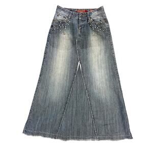Vintage Y2K Mudd Jeans Denim Maxi Skirt Size 5 Bedazzled Pockets
